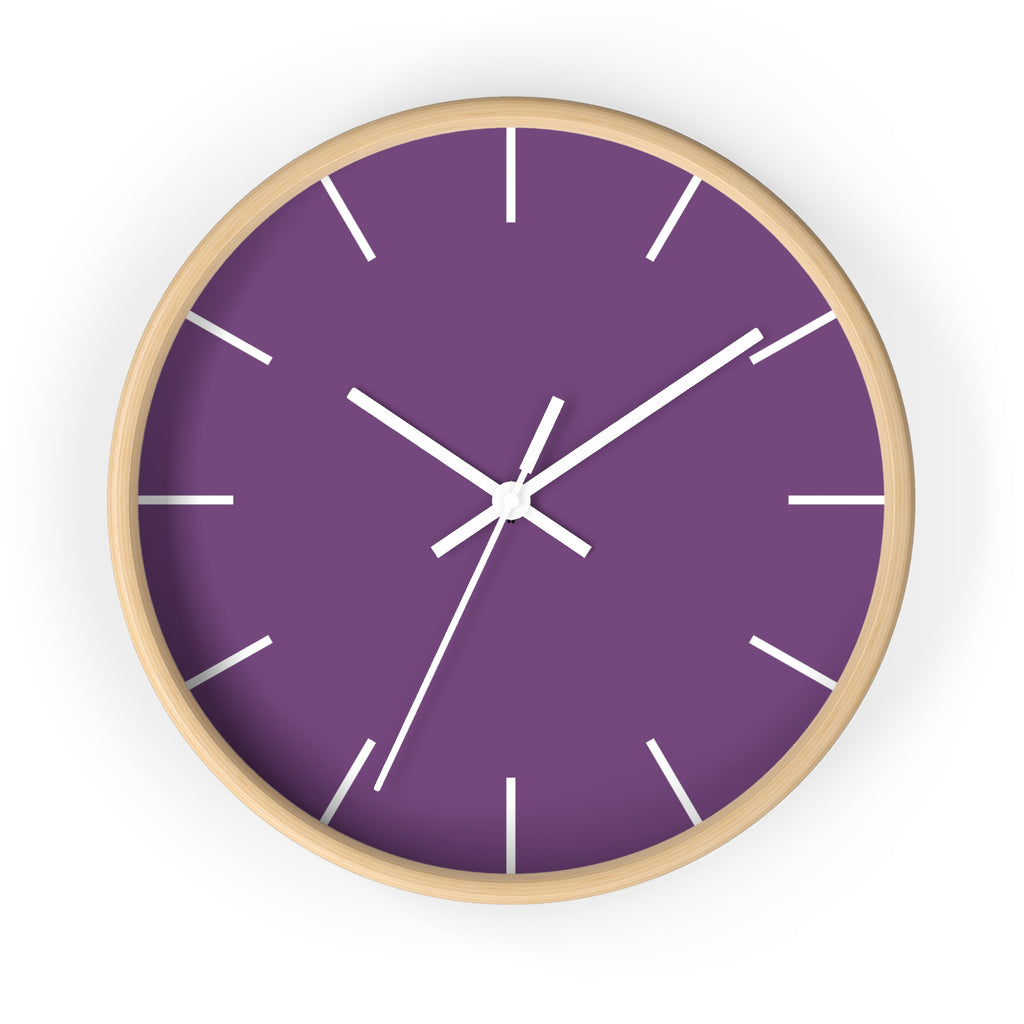Wooden Base White Hand Modern Minimal Silent Purple Wall Clock With White Time Markers Front