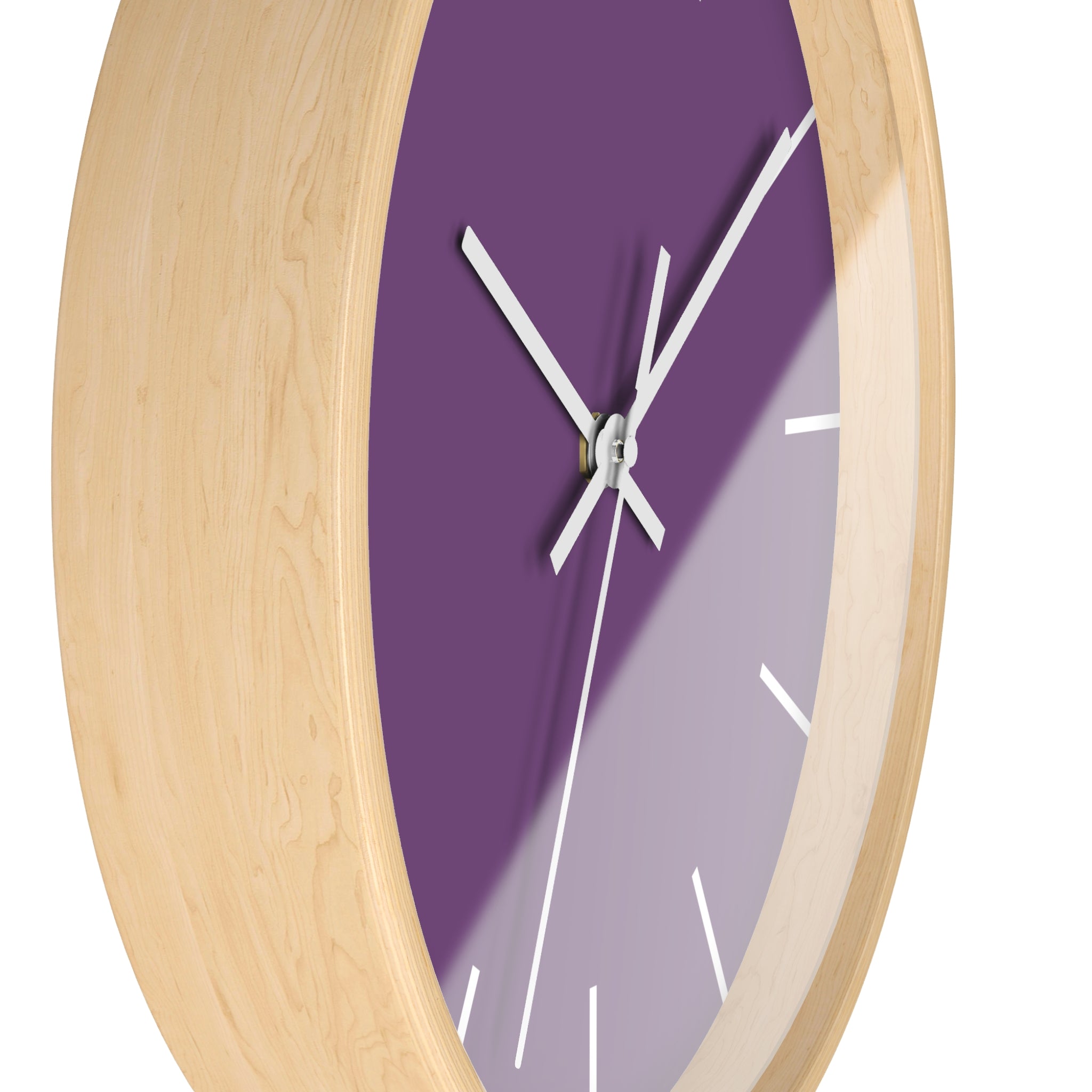 Wooden Base White Hand Modern Minimal Silent Purple Wall Clock With White Time Markers Side