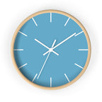 Wooden Base White Hand Modern Minimal Vintage Blue Wall Clock With Black Time Markers Front