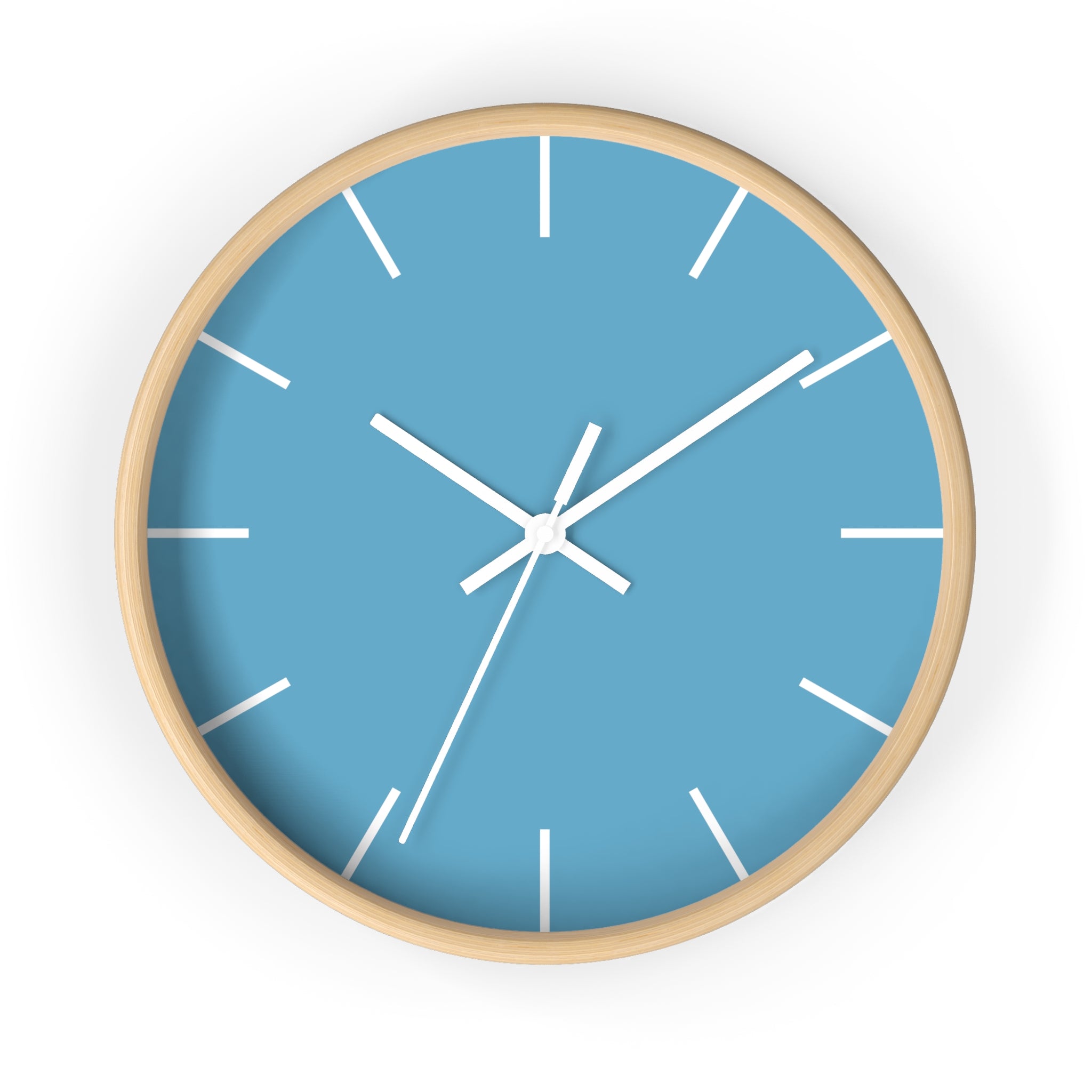 Wooden Base White Hand Modern Minimal Vintage Blue Wall Clock With Black Time Markers Front