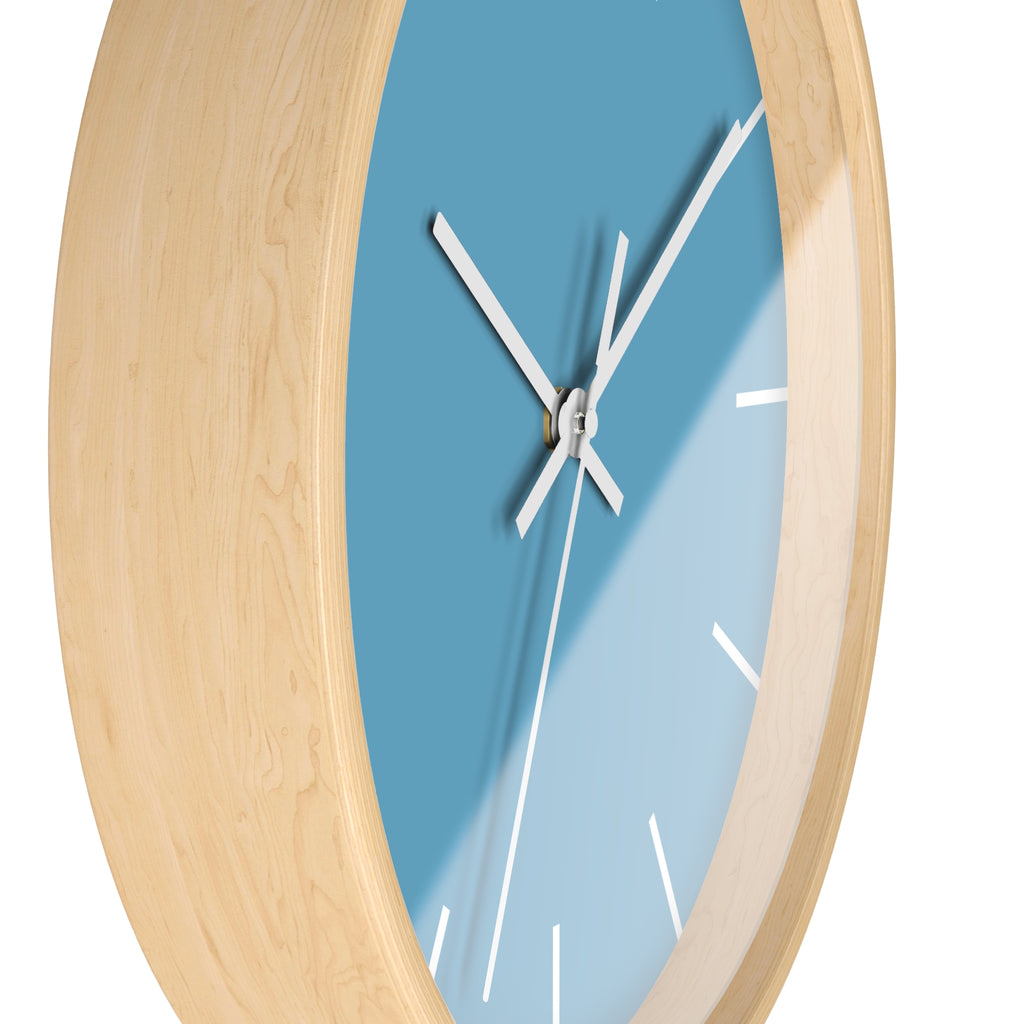 Wooden Base White Hand Modern Minimal Vintage Blue Wall Clock With White Time Markers Side