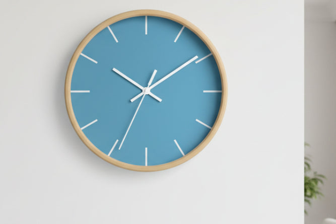 Wooden Base White Hand Modern Minimal Vintage Blue Wall Clock with white time markers on a white wall