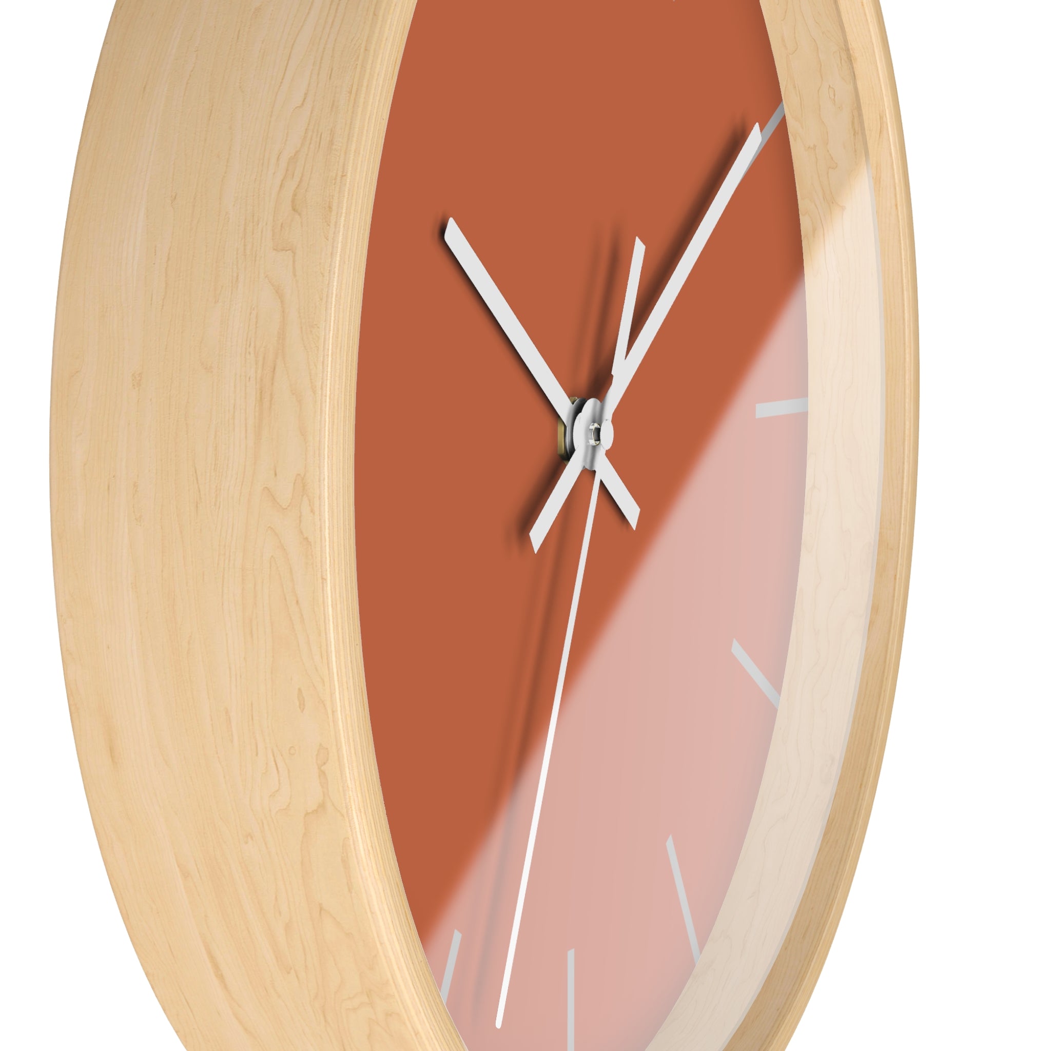 Wooden Base White Hand Modern Minimalist Boho Rust Orange Wall Clock With Light Grey Time Markers Side