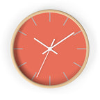 Wooden Base White Hand Modern Minimalist Coral Salmon Red Wall Clock With Light Grey Time Markers Front  