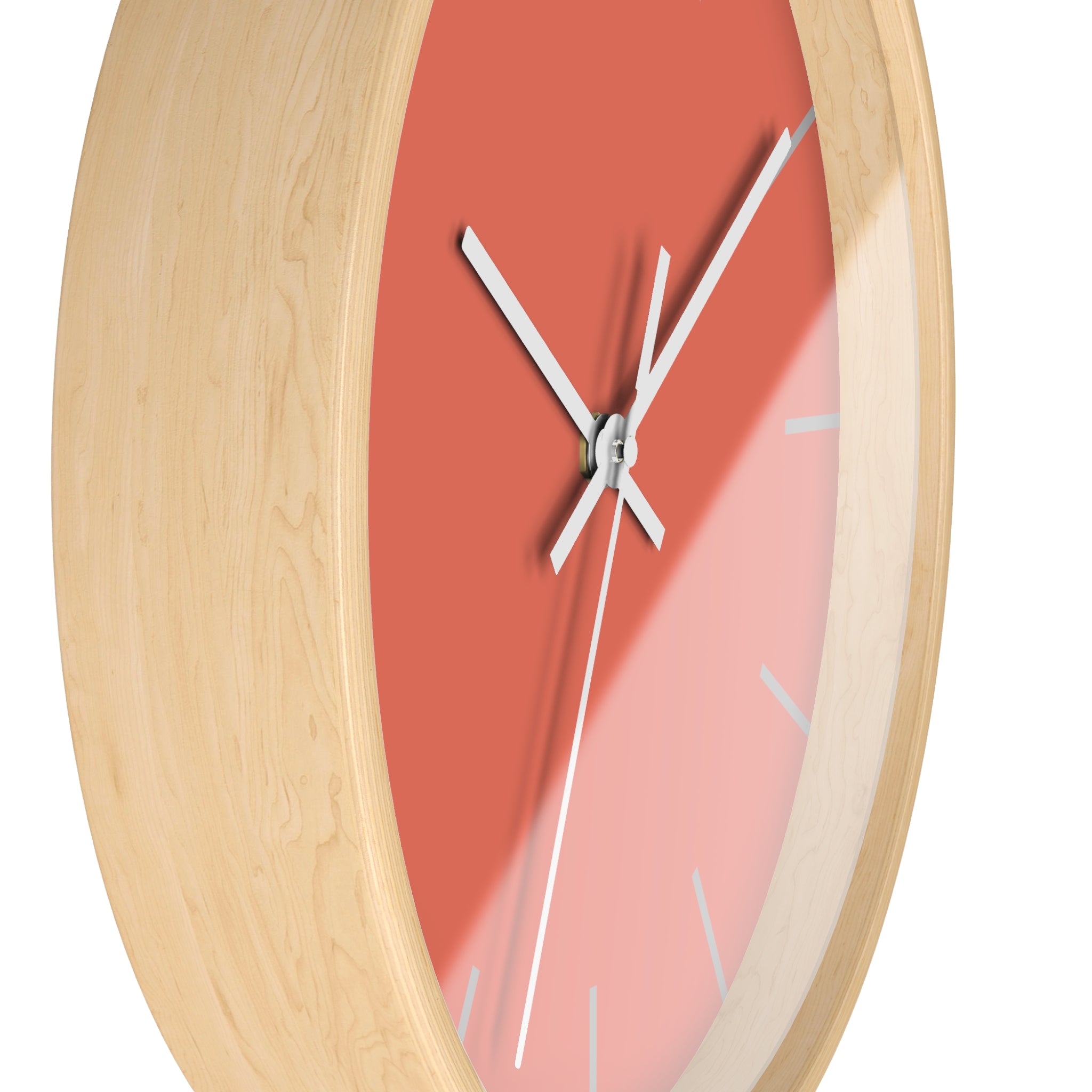 Wooden Base White Hand Modern Minimalist Coral Salmon Red Wall Clock With Light Grey Time Markers Side