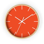 Wooden Base White Hand Modern Minimalist Dragon Fire Red Orange Wall Clock With White Time Markers Front