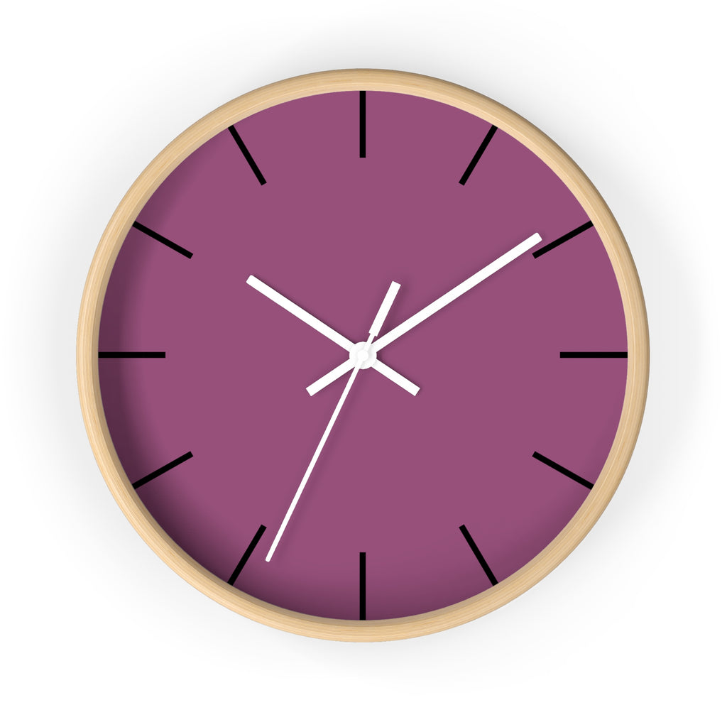 Wooden Base White Hand Modern Minimalist Lavender Red Plum Silent Wall Clock With Black Time Markers Front 