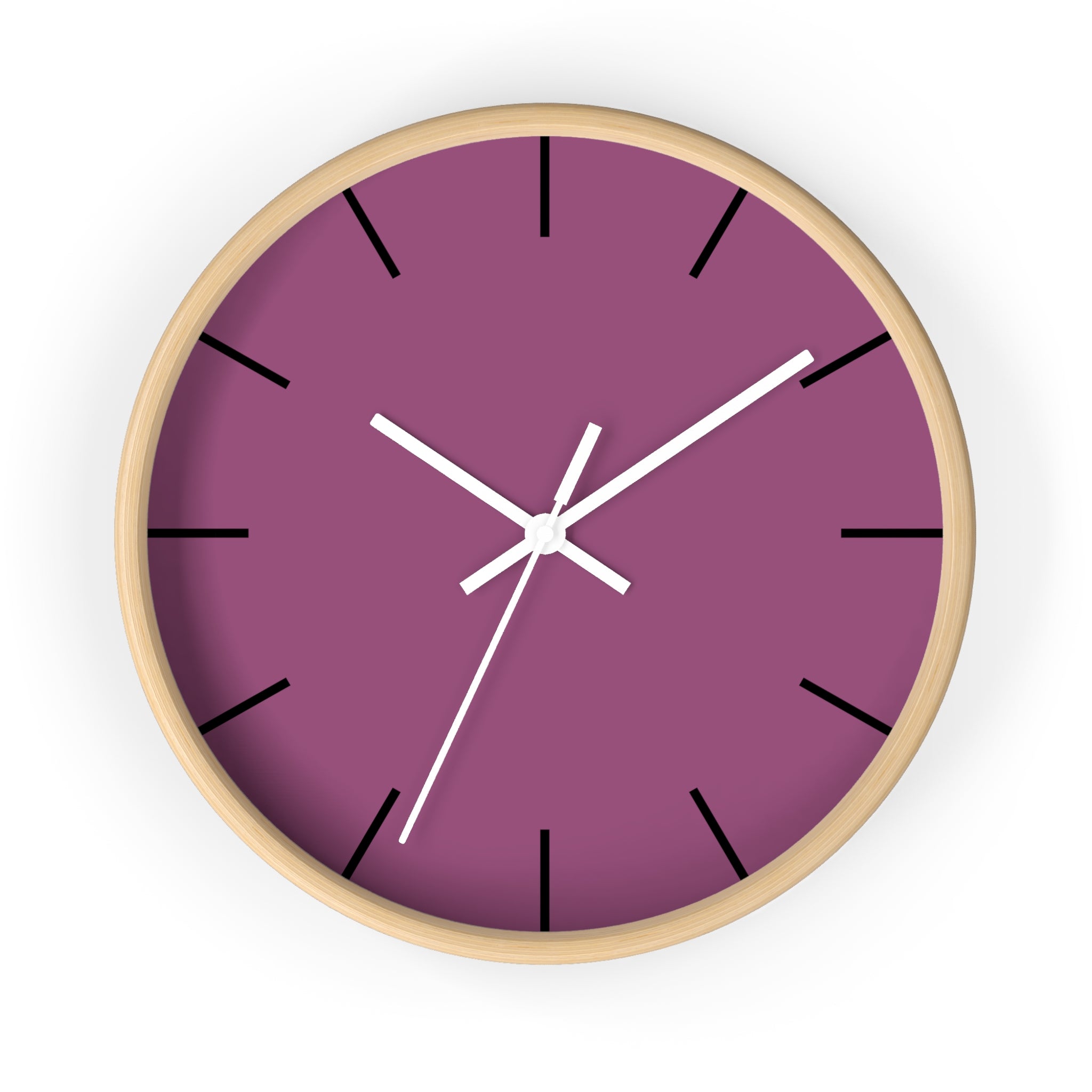 Wooden Base White Hand Modern Minimalist Lavender Red Plum Silent Wall Clock With Black Time Markers Front 