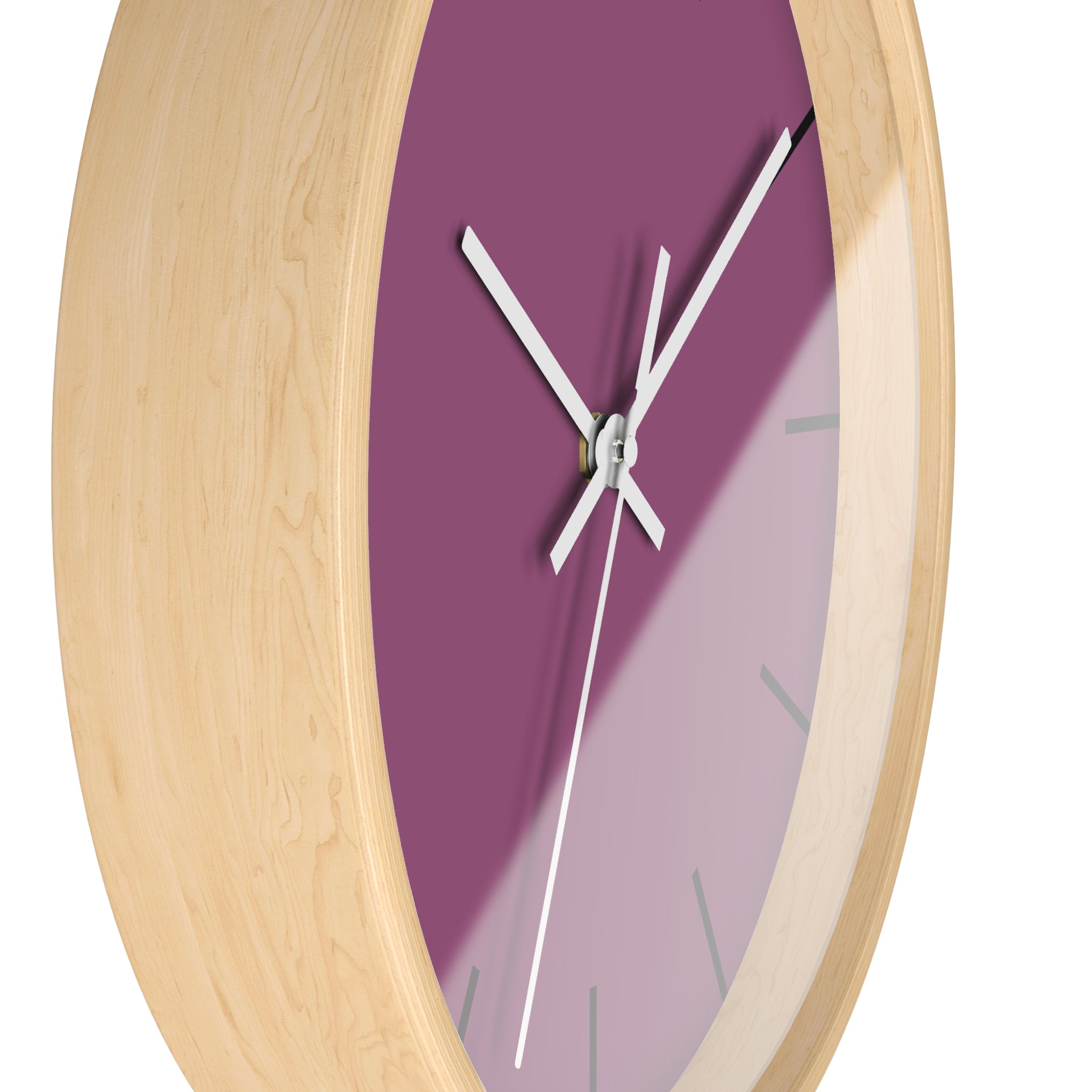 Wooden Base White Hand Modern Minimalist Lavender Red Plum Silent Wall Clock With Black Time Markers Side