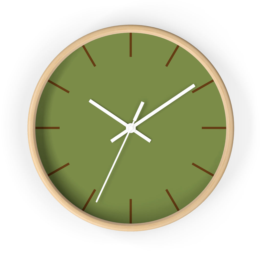 Wooden Base White Hand Olive Green Modern Minimal Silent Wall Clock With Saddle Brown Time Markers Front