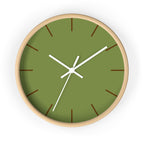 Wooden Base White Hand Olive Green Modern Minimal Silent Wall Clock With Saddle Brown Time Markers Front