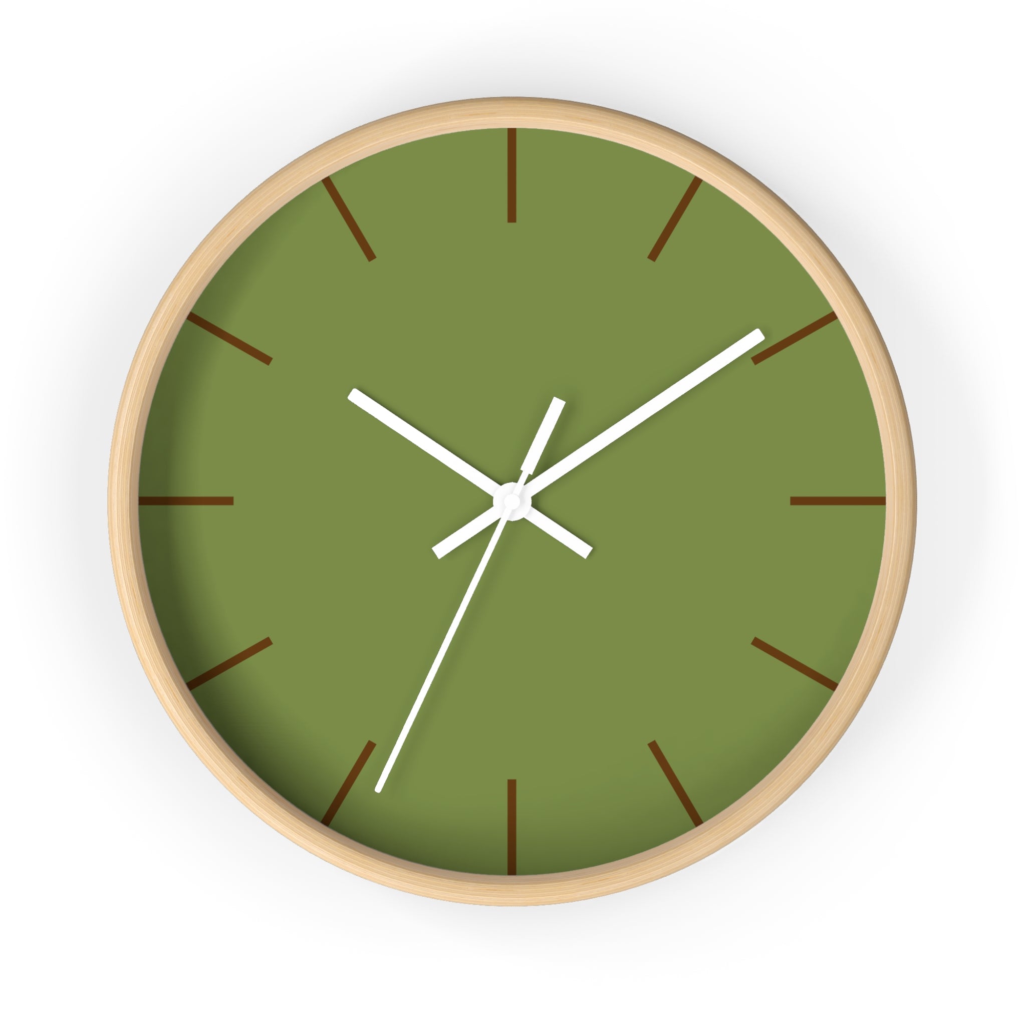 Wooden Base White Hand Olive Green Modern Minimal Silent Wall Clock With Saddle Brown Time Markers Front