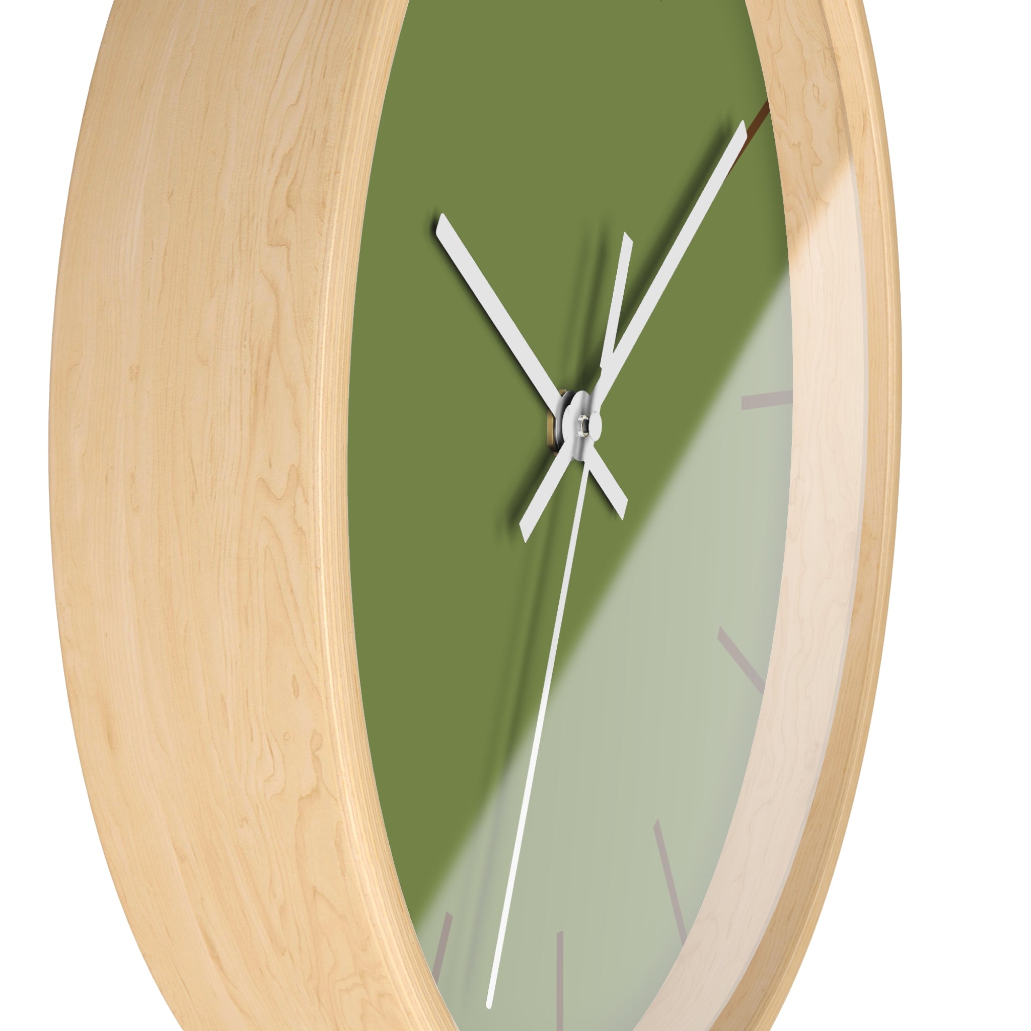 Wooden Base White Hand Olive Green Modern Minimal Silent Wall Clock With Saddle Brown Time Markers Side