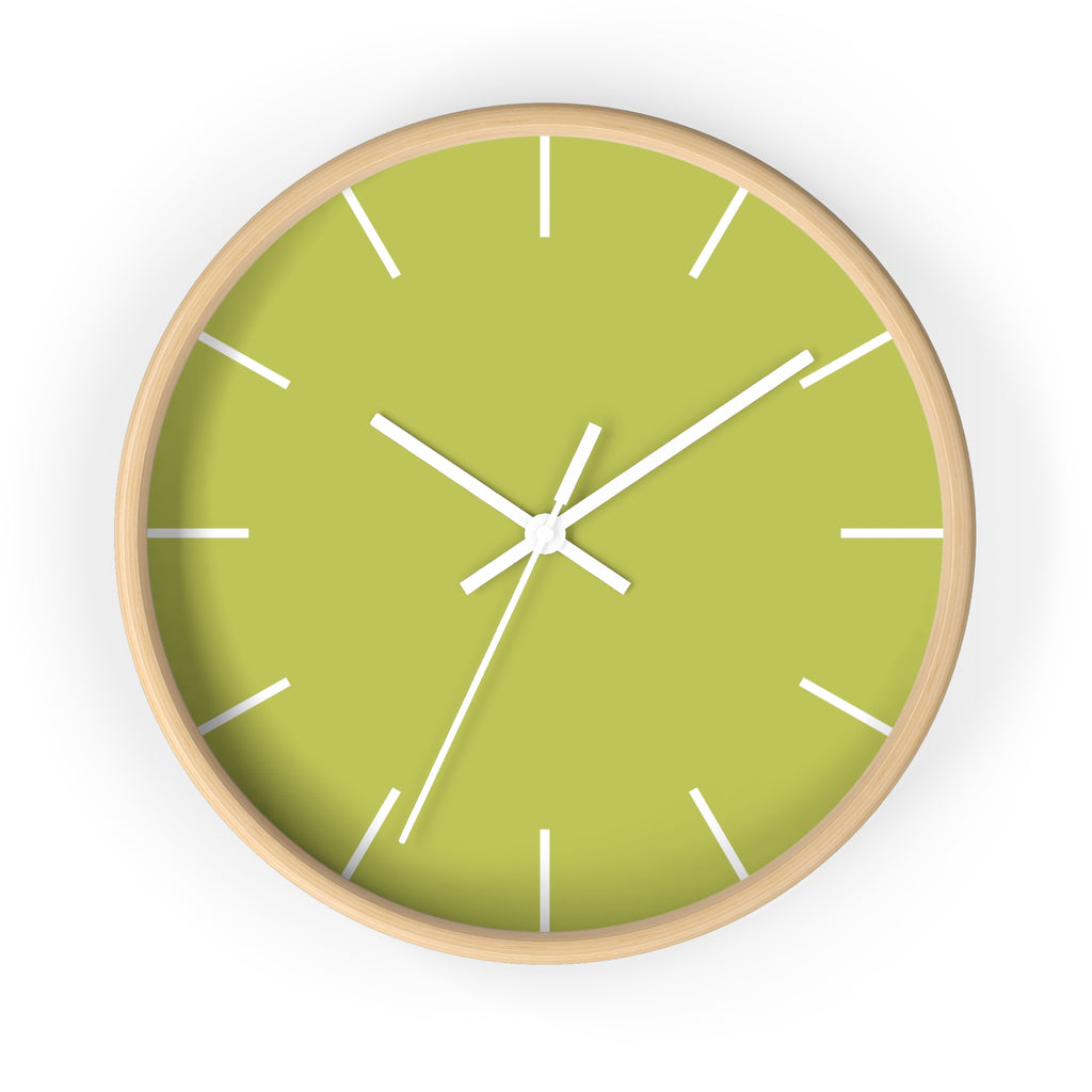 Wooden Base White Hand Orchid Lime Green Modern Minimal Silent Wall Clock With White Time Markers Front