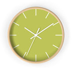 Wooden Base White Hand Orchid Lime Green Modern Minimal Silent Wall Clock With White Time Markers Front