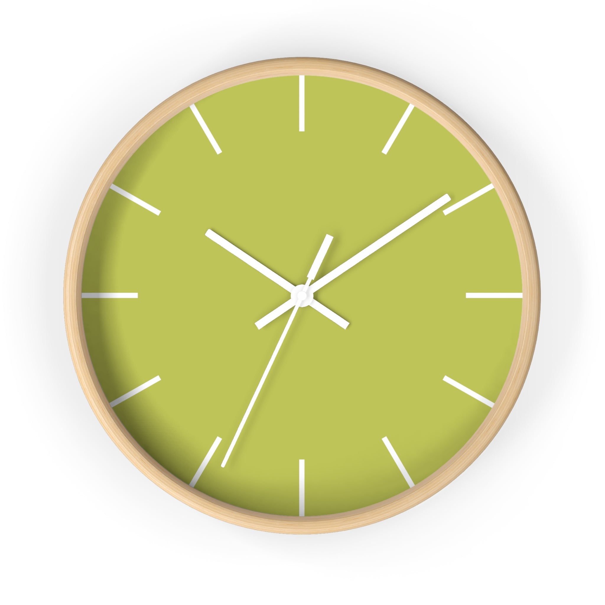 Wooden Base White Hand Orchid Lime Green Modern Minimal Silent Wall Clock With White Time Markers Front