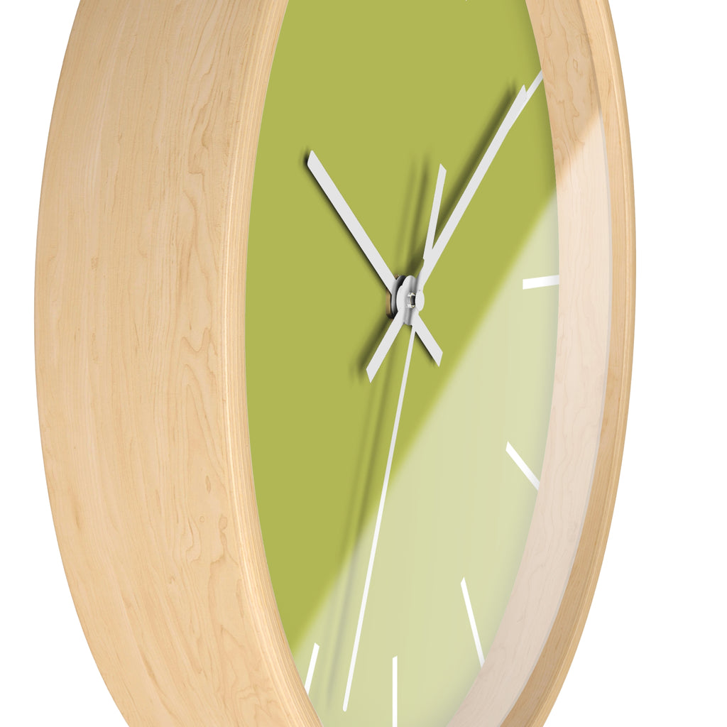 Wooden Base White Hand Orchid Lime Green Modern Minimal Silent Wall Clock With White Time Markers Side