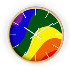 Wooden Base White Hand Pride Rainbow Wave Modern Minimal Silent Wall Clock With White Time Markers Front