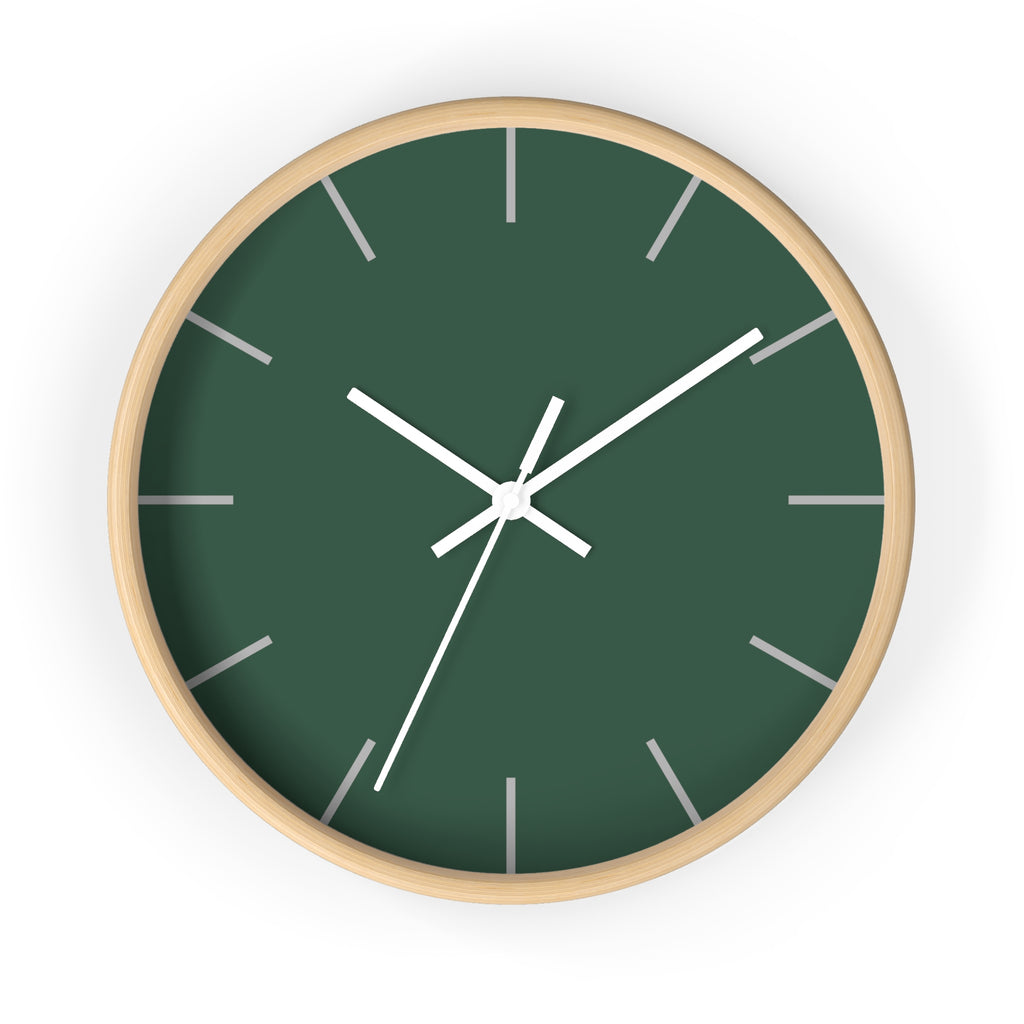Wooden Base White Hand Stromboli Dark Green Modern Minimal Silent Wall Clock With Stardust Grey Time Markers Front