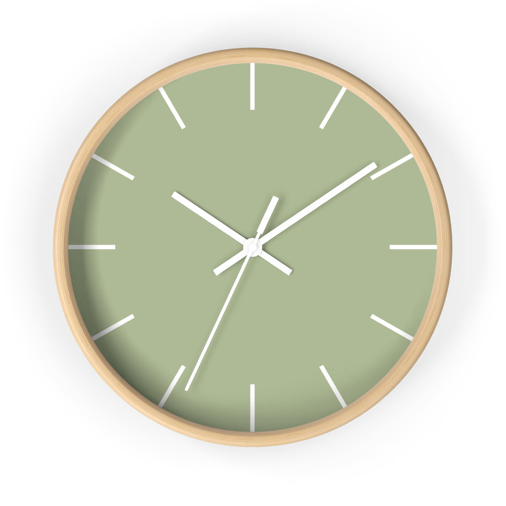 Wooden Frame White Hand Schist Green Sage Modern Minimal Wall Clock With White Time Markers Front