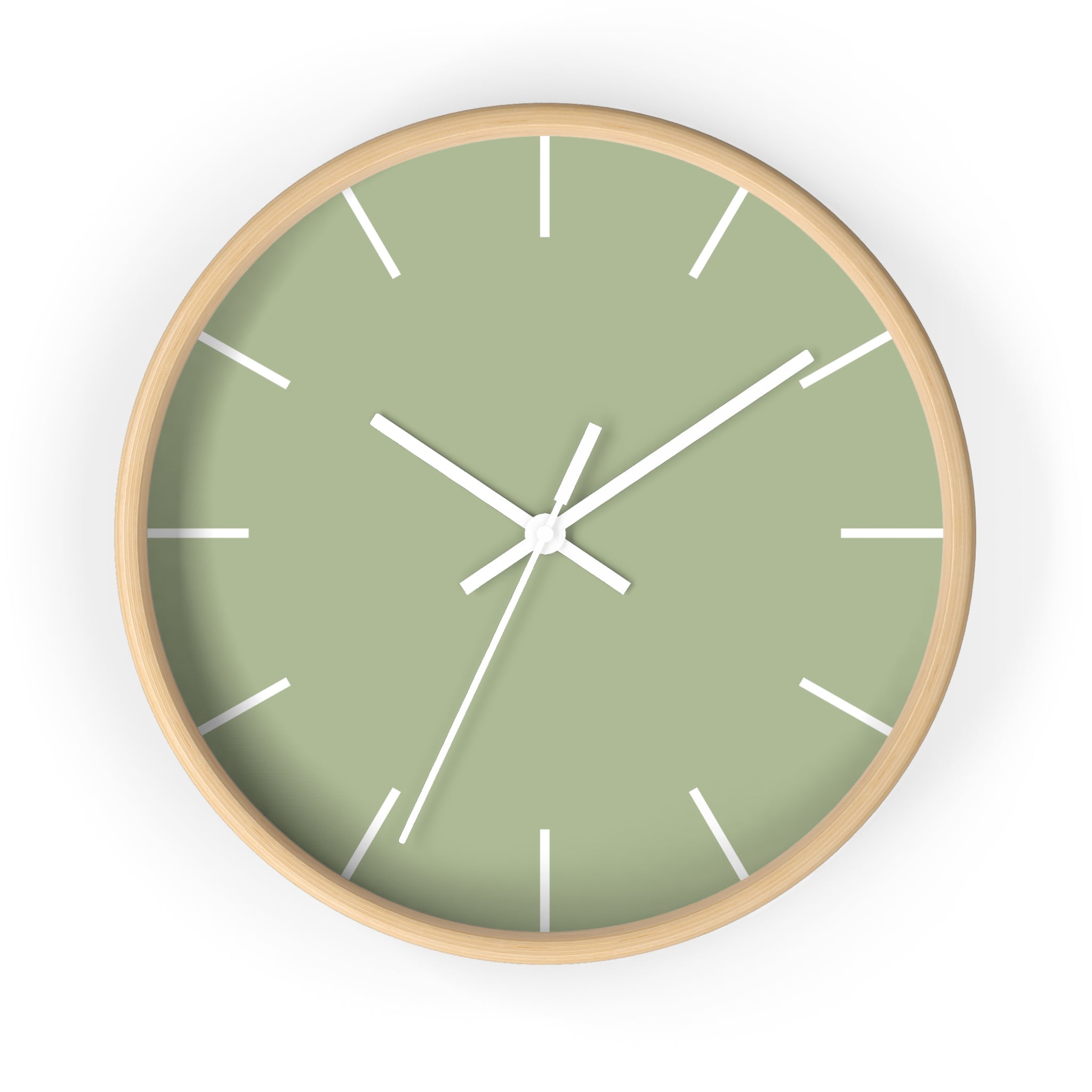 Wooden Frame White Hand Schist Green Sage Modern Minimal Wall Clock With White Time Markers Front