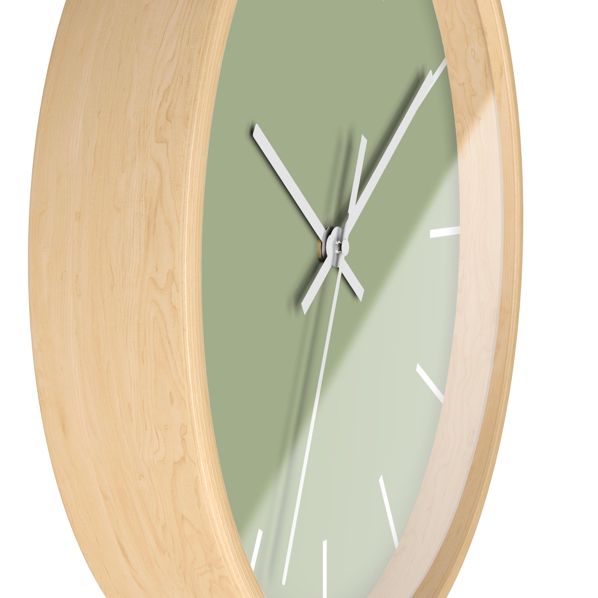 Wooden Frame White Hand Schist Green Sage Modern Minimal Wall Clock With White Time Markers Side