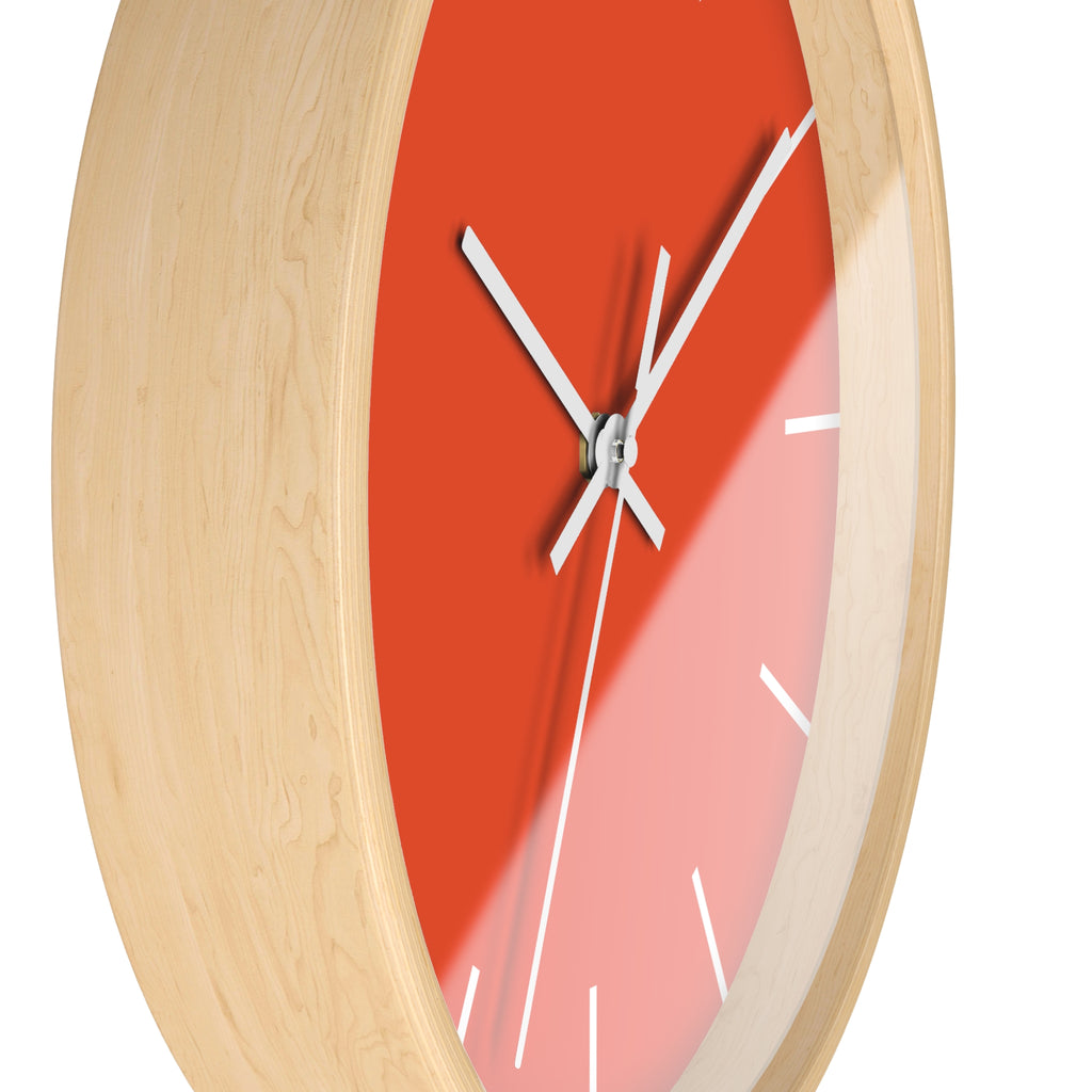 Wooden White Hand Modern Minimalist Dragon Fire Red Orange Wall Clock With White Time Markers Side