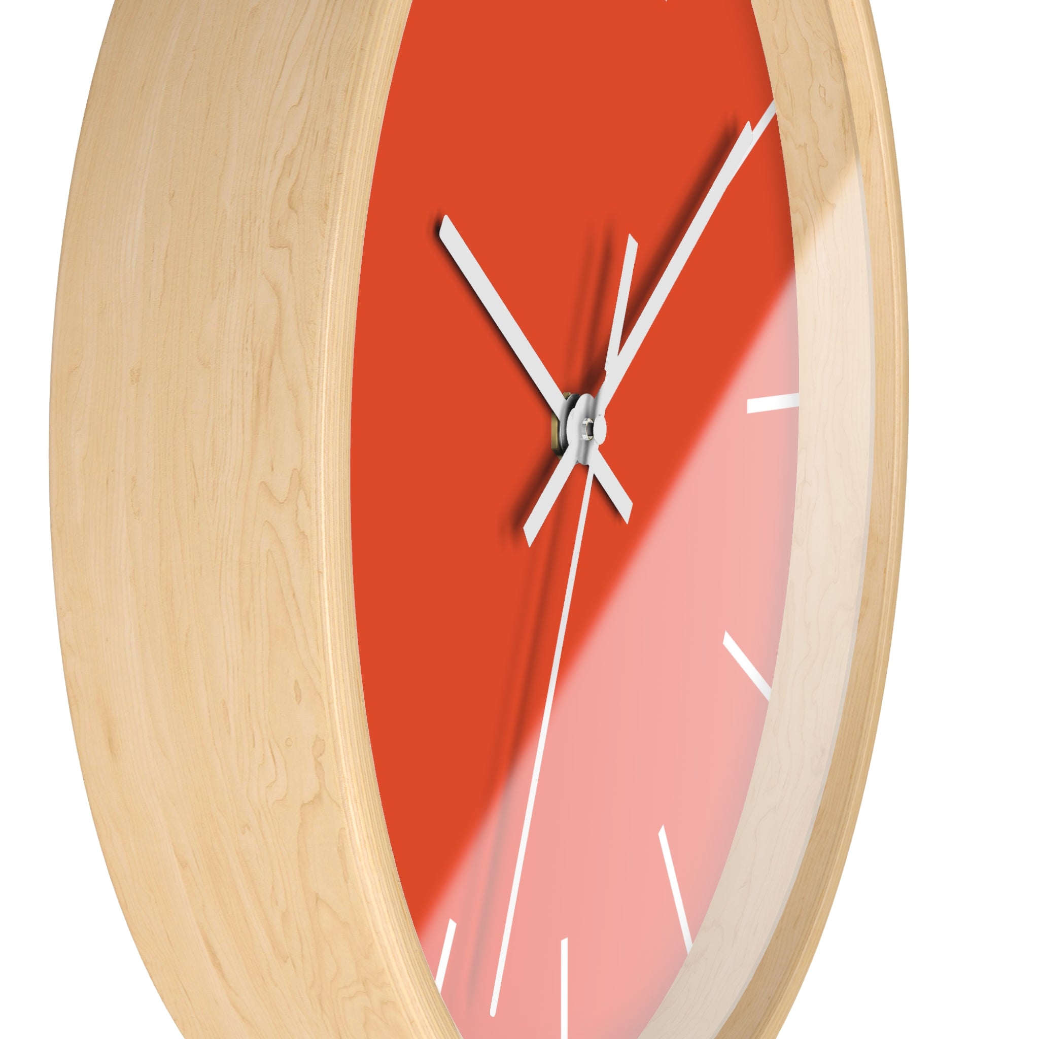 Wooden White Hand Modern Minimalist Dragon Fire Red Orange Wall Clock With White Time Markers Side