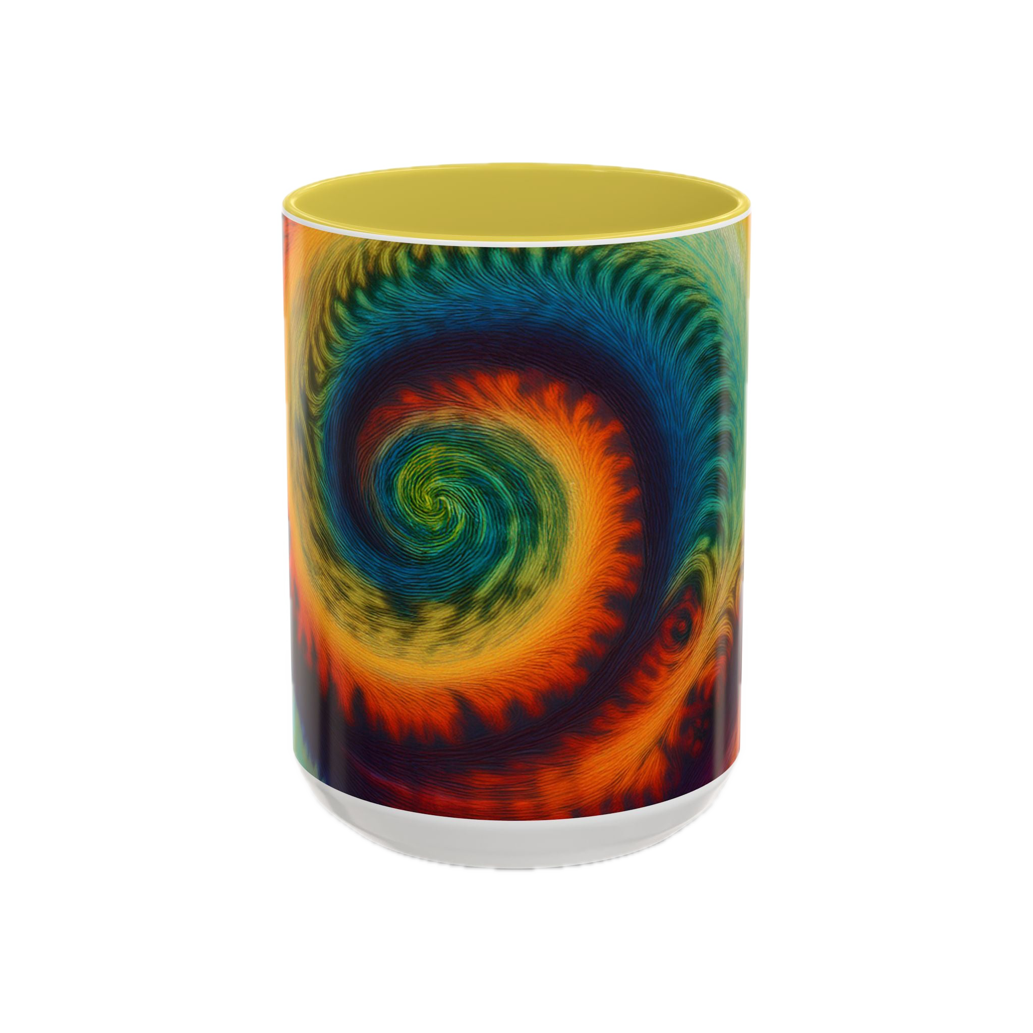 Colorful spiral-patterned mug with yellow ceramic handle and insides

