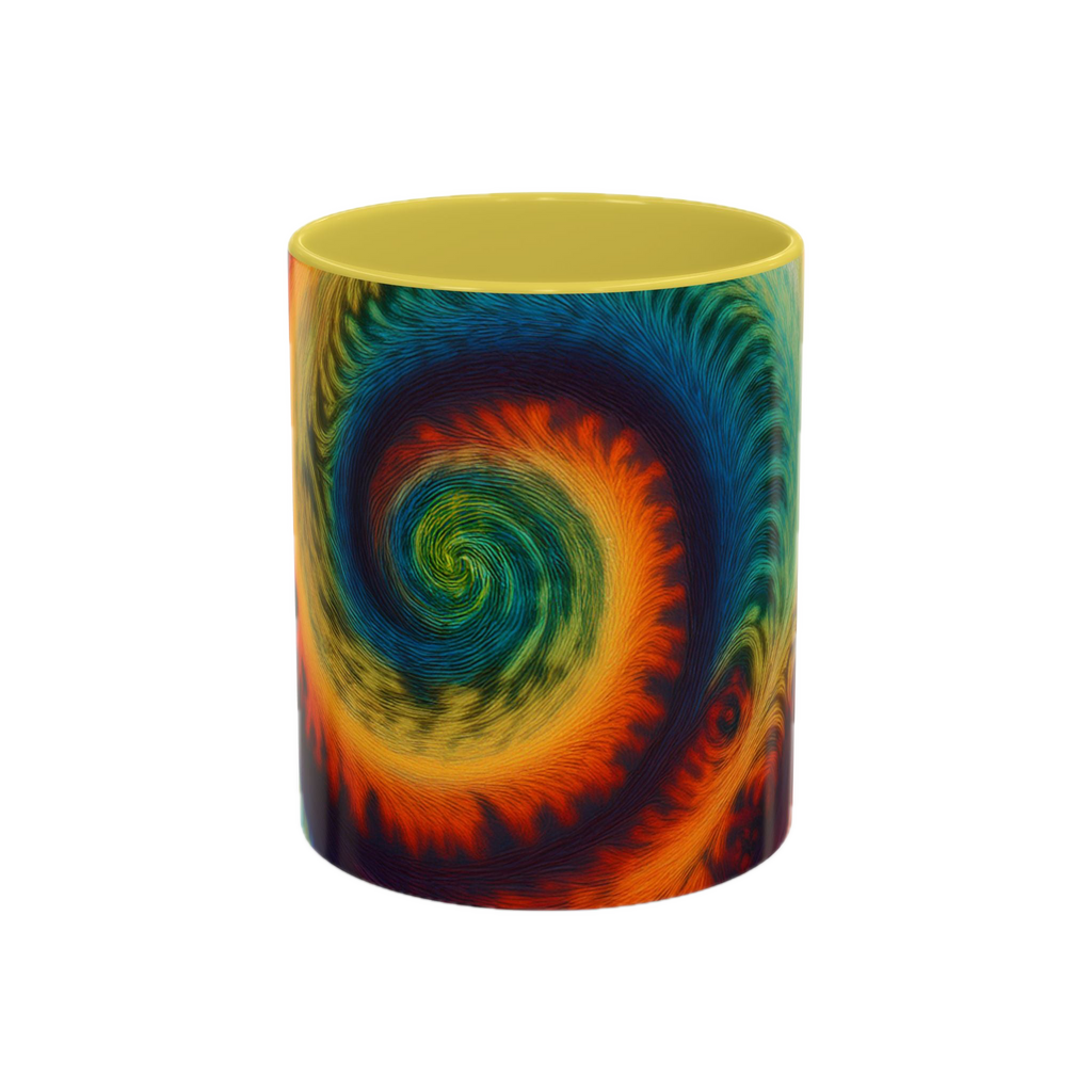 Colorful spiral-patterned mug with yellow ceramic handle and insides

