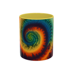 Colorful spiral-patterned mug with yellow ceramic handle and insides

