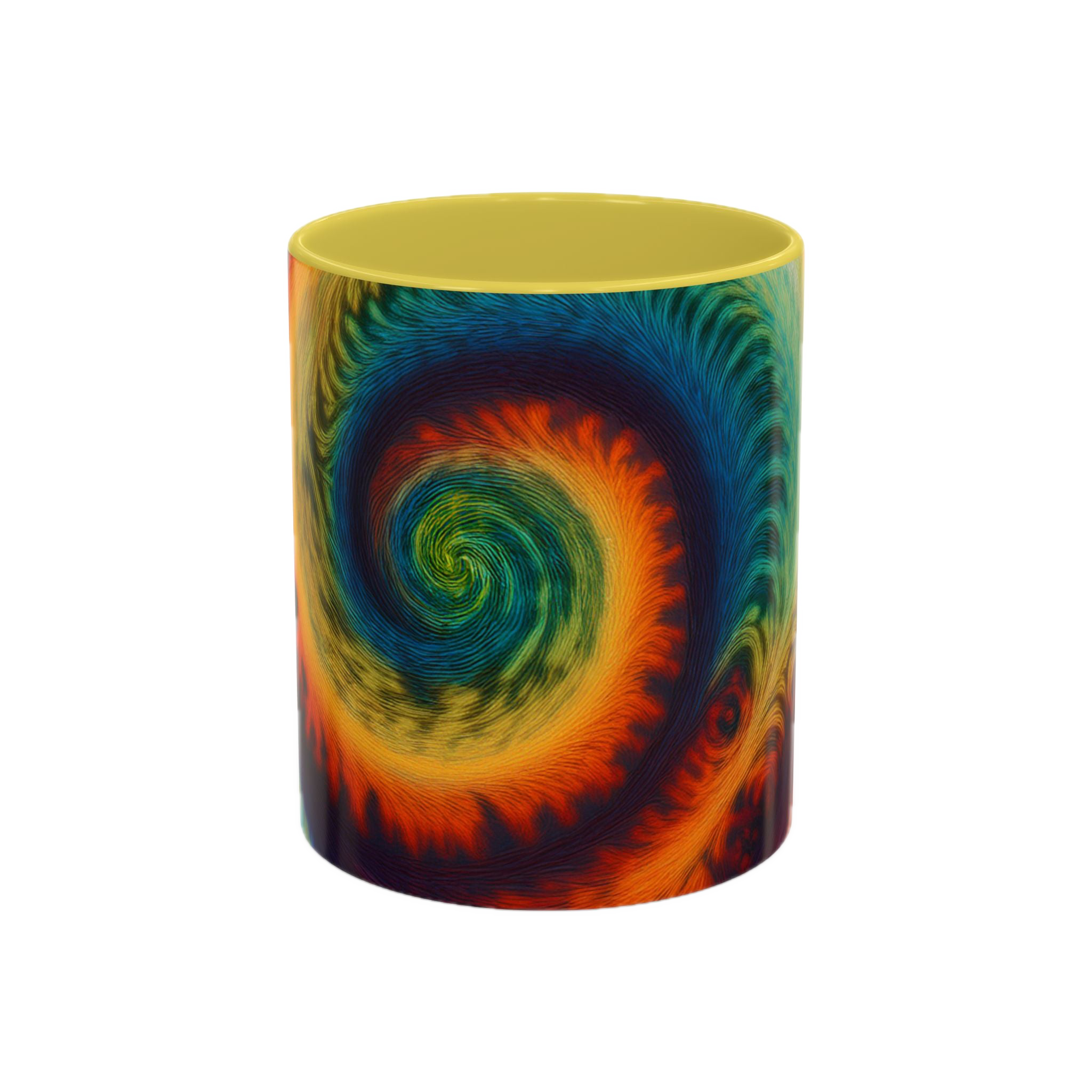 Colorful spiral-patterned mug with yellow ceramic handle and insides

