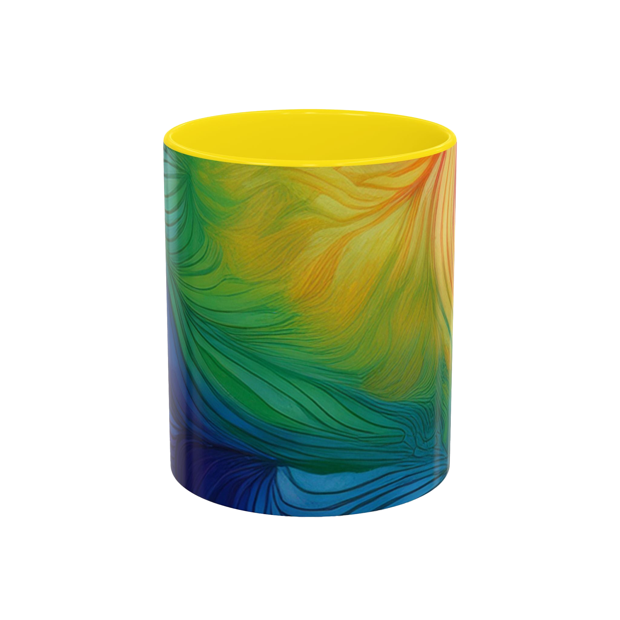 Colorful coffee cup with yellow ceramic interior


