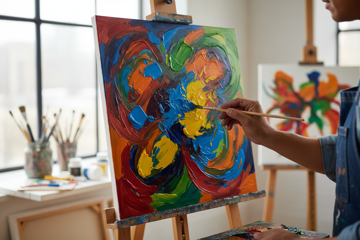  a professional ad of a close up view of an art easel with a biracial painter painting an abstract painting 