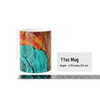 Size reference shot of Freebrd Abstract Bare Lady 11oz ceramic art mug with abstract fluid art in teal, burnt orange, and black — standard mug size, heat-reactive, glossy finish, hand wash only.