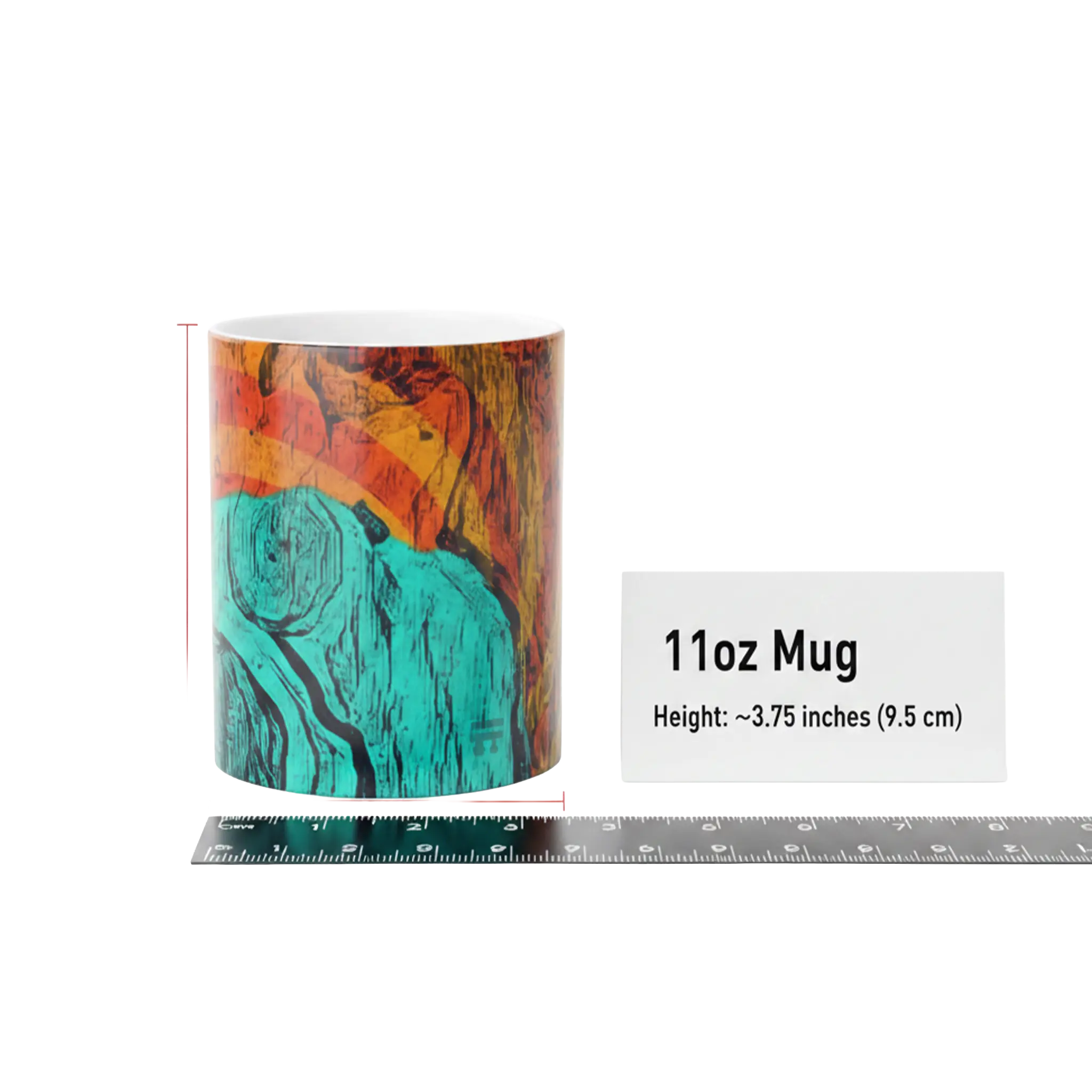 Size reference shot of Freebrd Abstract Bare Lady 11oz ceramic art mug with abstract fluid art in teal, burnt orange, and black — standard mug size, heat-reactive, glossy finish, hand wash only.