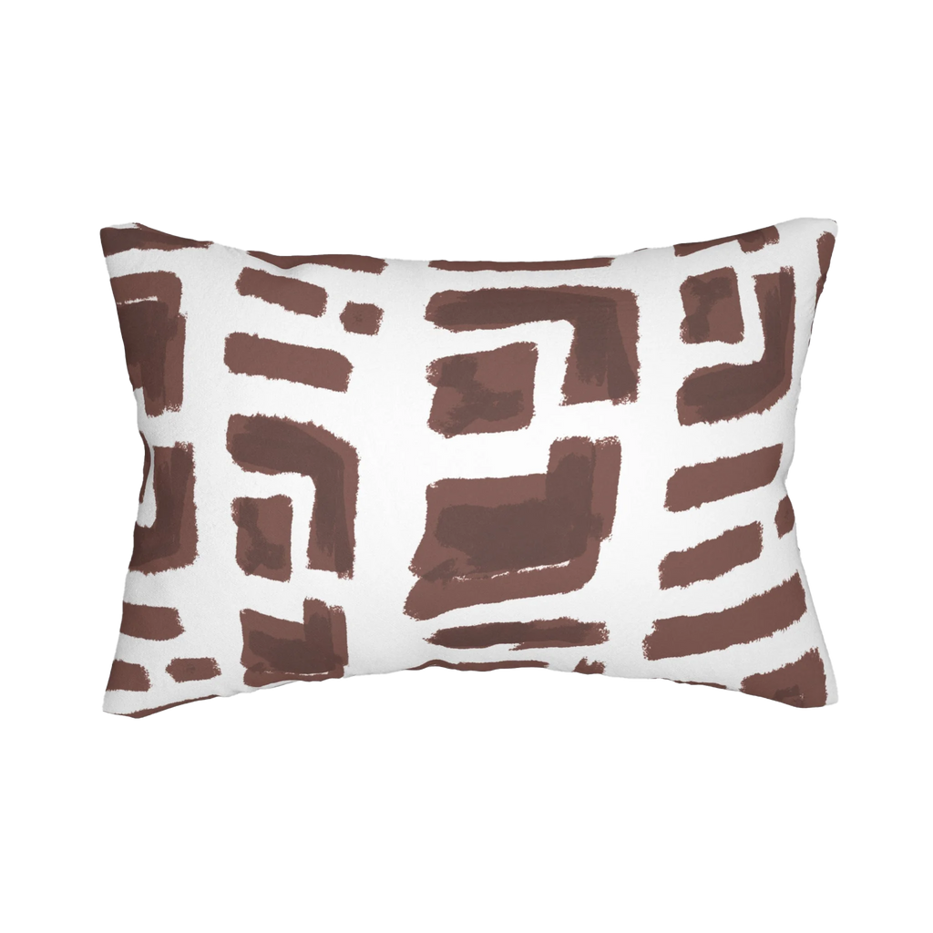 Abstract brown brushstroke lumbar pillow, front view.