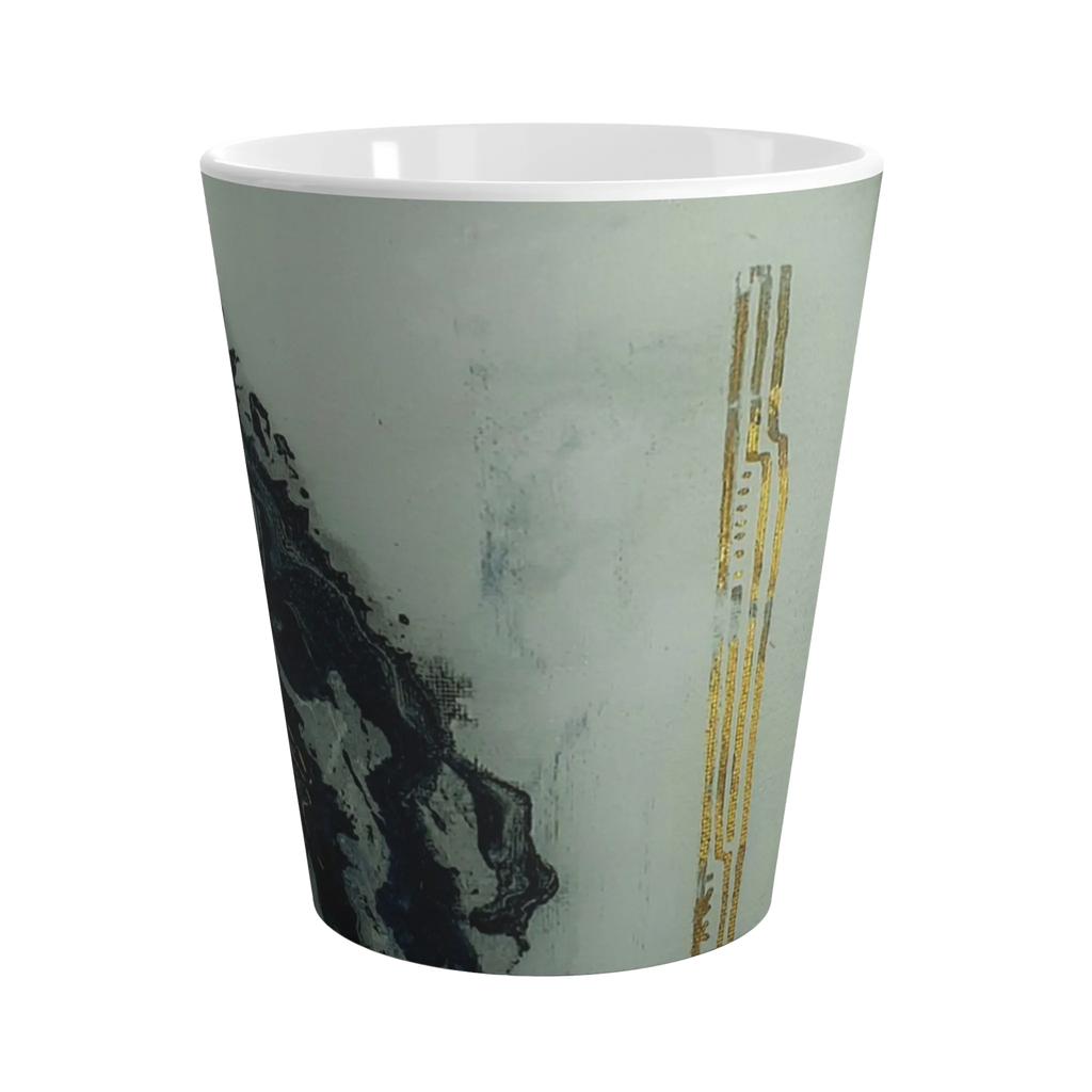 A front preview of the abstract marble ceramic latte mug showing acrylic pour texture with blacks, grey tones, and gold lined color accents on a faded ink background.