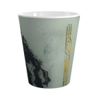 A front preview of the abstract marble ceramic latte mug showing acrylic pour texture with blacks, grey tones, and gold lined color accents on a faded ink background.