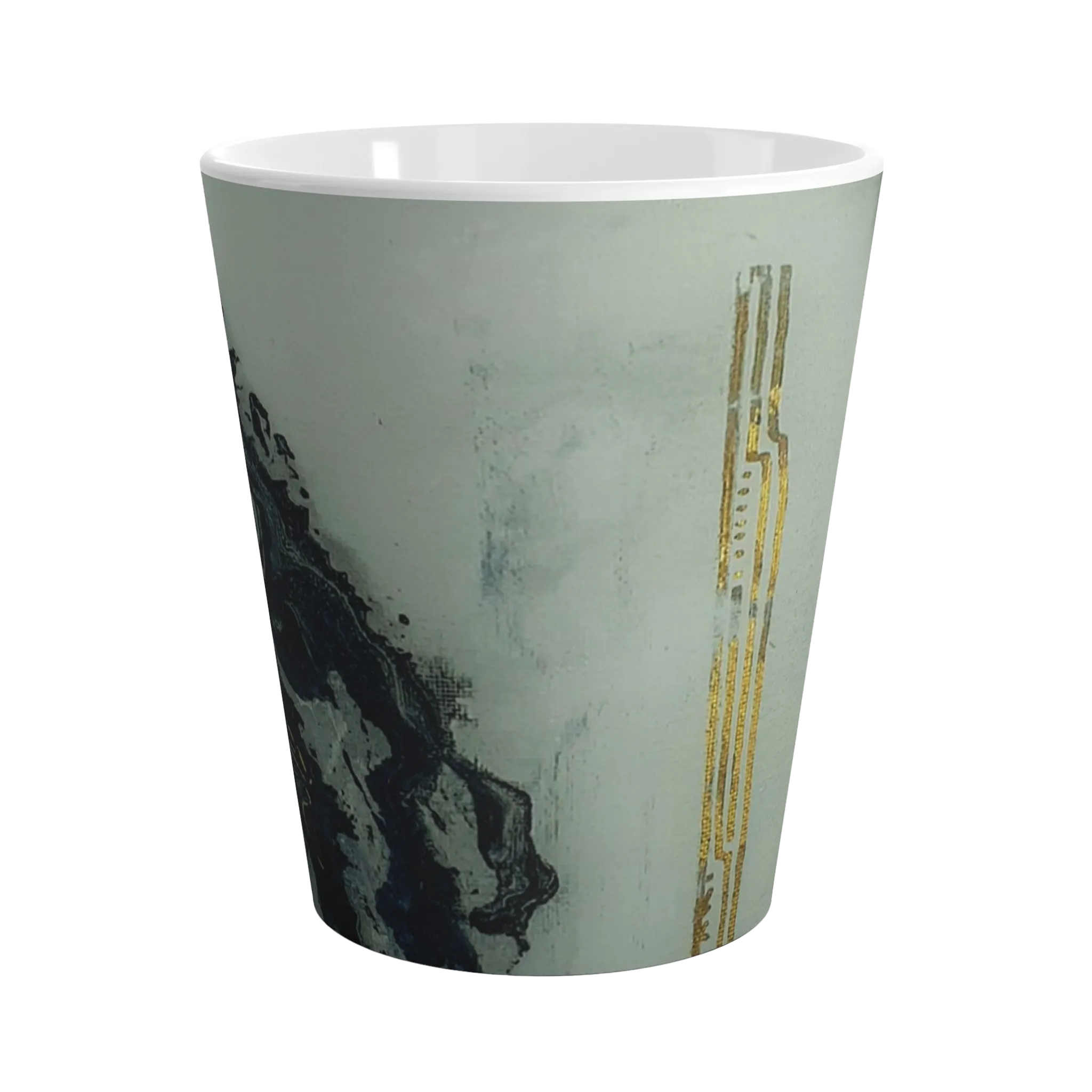 A front preview of the abstract marble ceramic latte mug showing acrylic pour texture with blacks, grey tones, and gold lined color accents on a faded ink background.