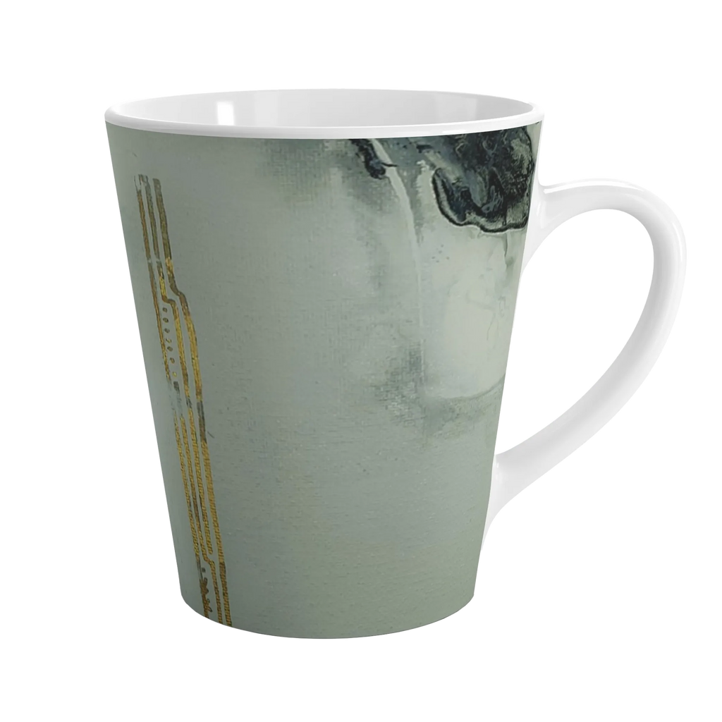 A left side preview of the abstract marble ceramic latte mug showing acrylic pour texture with blacks, grey tones, and gold lined color accents on a faded ink background.