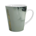 A left side preview of the abstract marble ceramic latte mug showing acrylic pour texture with blacks, grey tones, and gold lined color accents on a faded ink background.