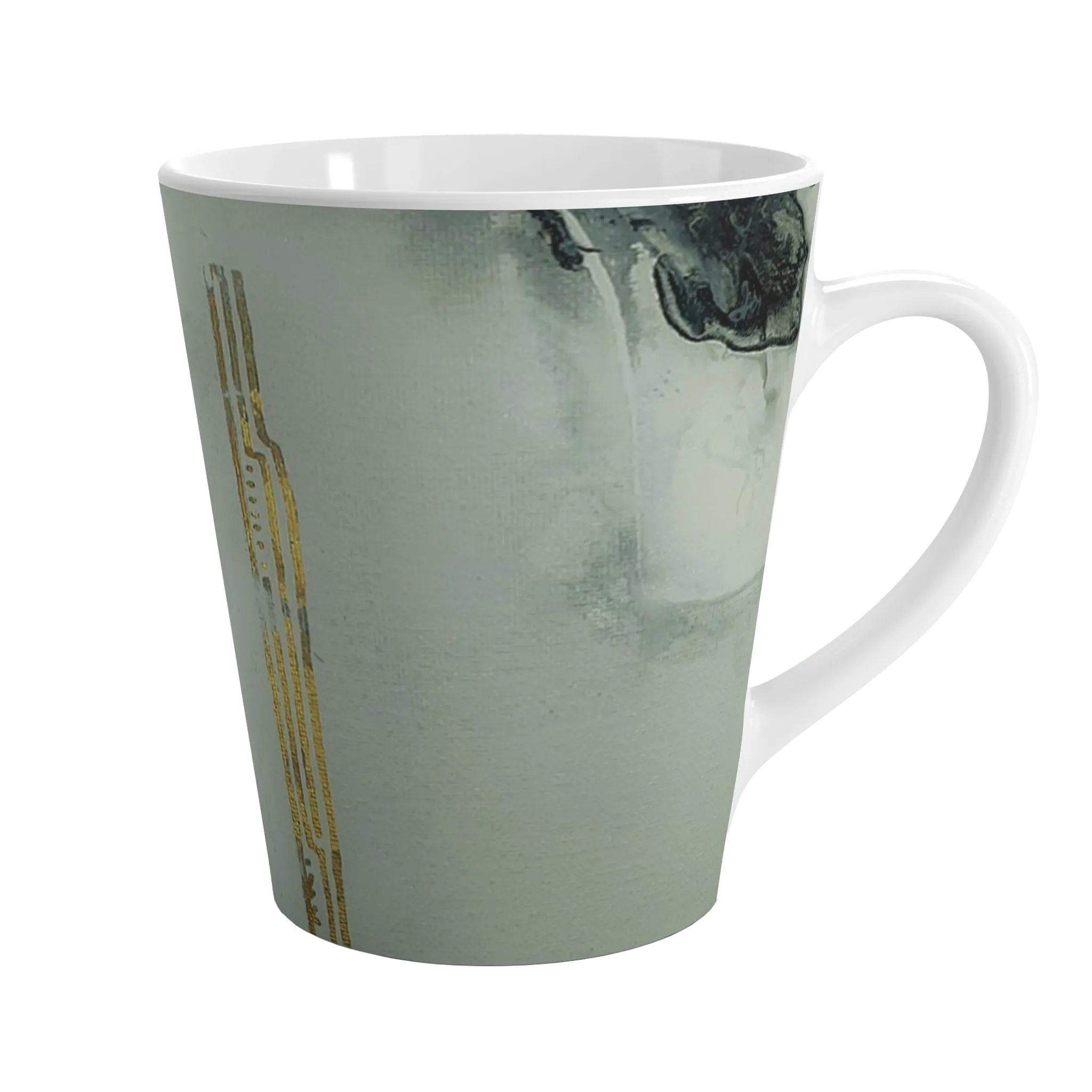 A left side preview of the abstract marble ceramic latte mug showing acrylic pour texture with blacks, grey tones, and gold lined color accents on a faded ink background.