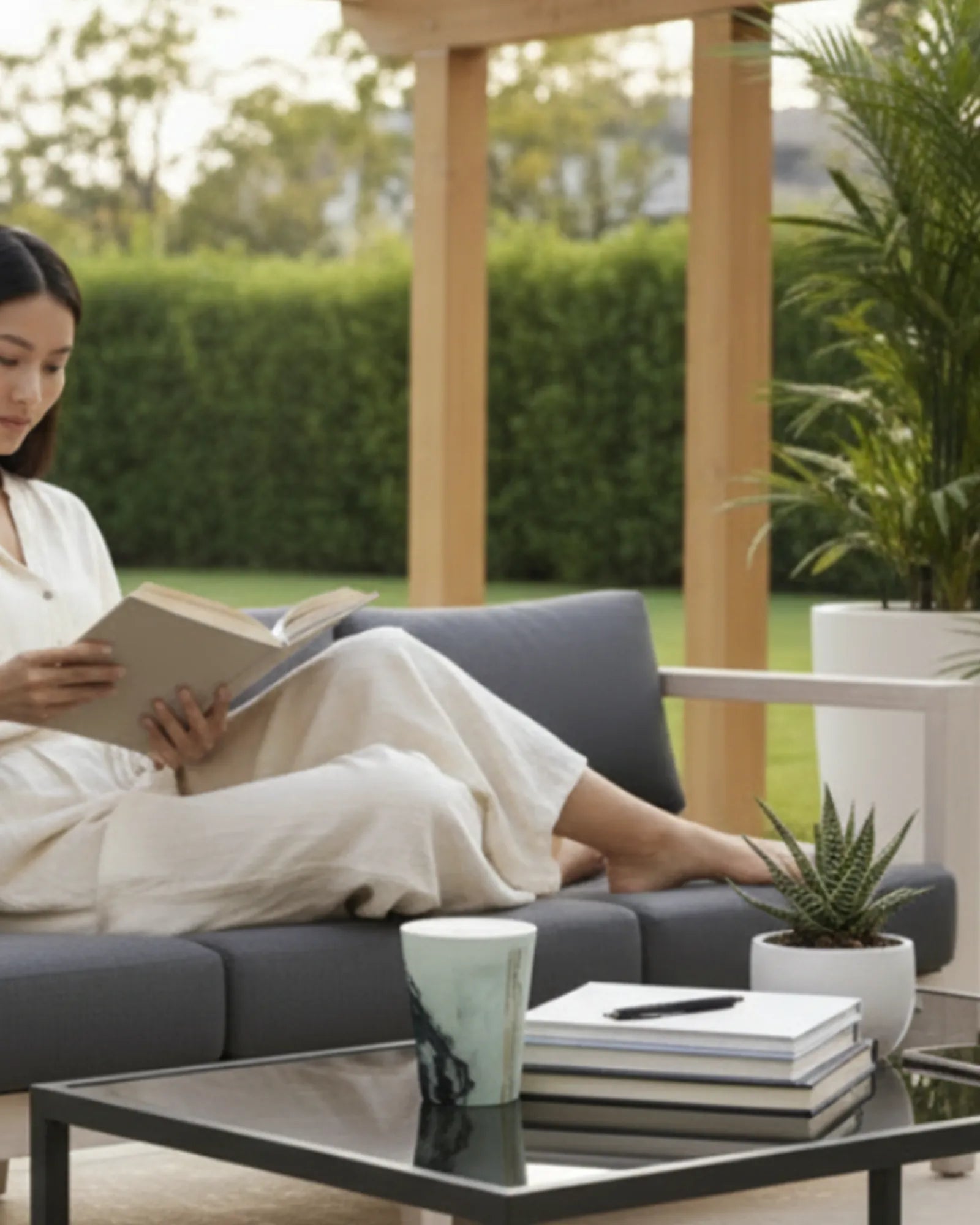 Woman reading a book on a gray outdoor sofa with a glass coffee table that has the ‘abstract marble ceramic latte mug’ on it in front of her, surrounded by greenery.
