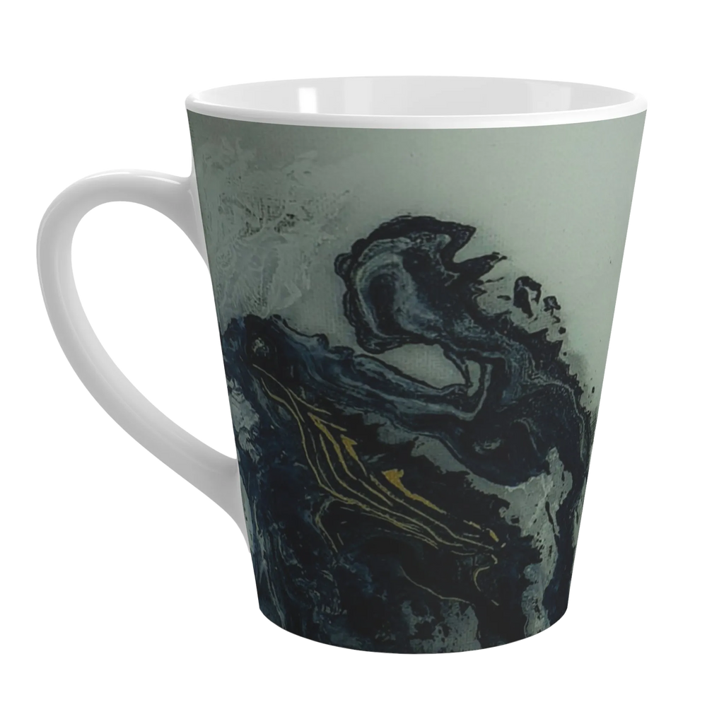 A right side preview of the abstract marble ceramic latte mug showing acrylic pour texture with blacks, grey tones, and gold lined color accents on a faded ink background.