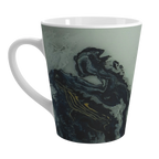 A right side preview of the abstract marble ceramic latte mug showing acrylic pour texture with blacks, grey tones, and gold lined color accents on a faded ink background.