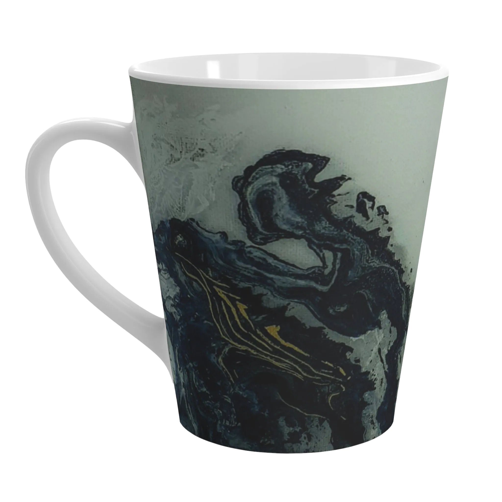 A right side preview of the abstract marble ceramic latte mug showing acrylic pour texture with blacks, grey tones, and gold lined color accents on a faded ink background.