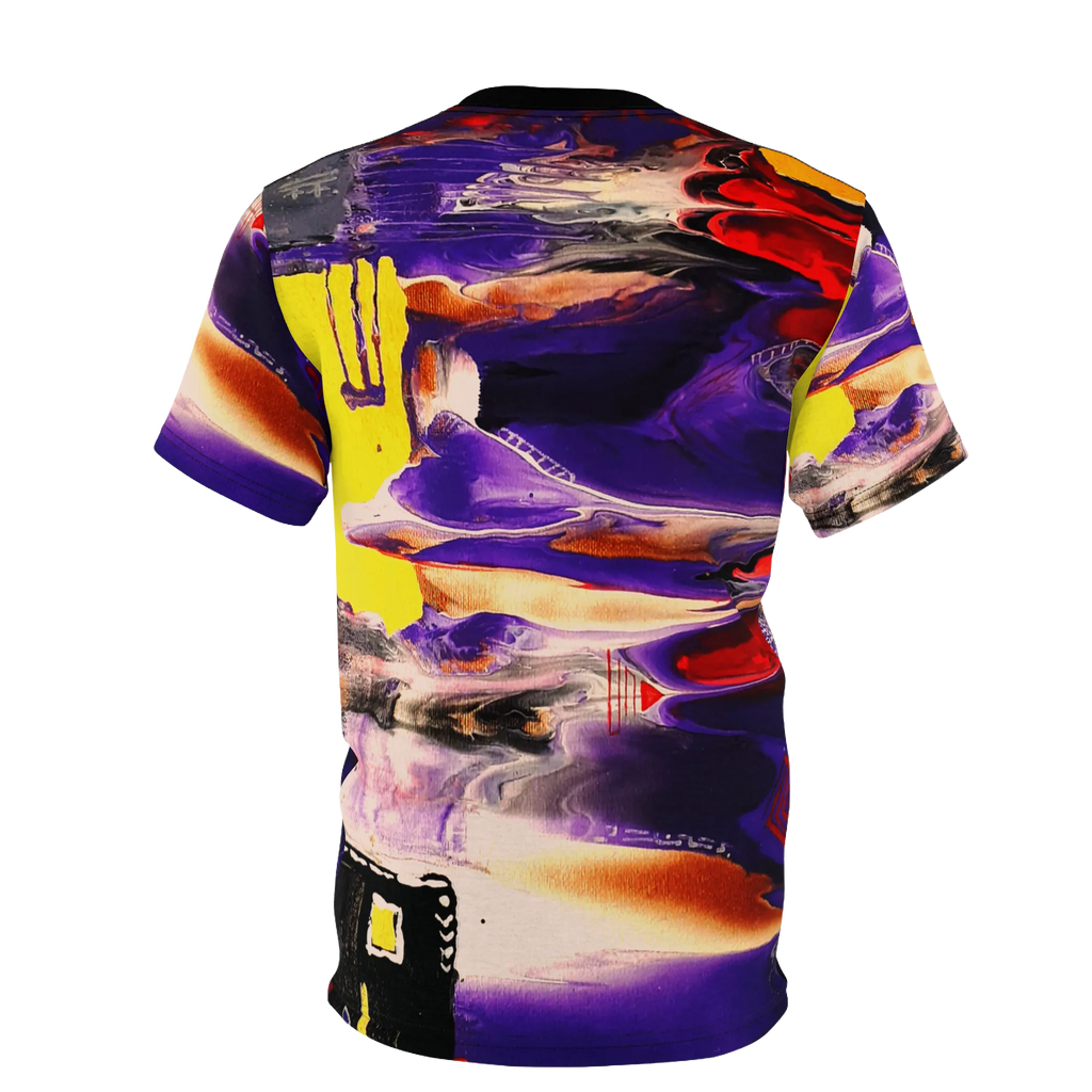 All-over print tee with abstract art design featuring purple, yellow, red, and black, back view on form.