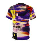 All-over print tee with abstract art design featuring purple, yellow, red, and black, back view on form.