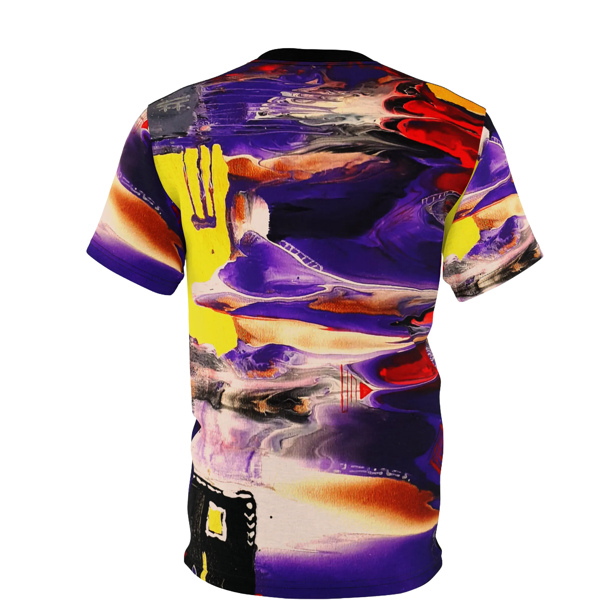 All-over print tee with abstract art design featuring purple, yellow, red, and black, back view on form.